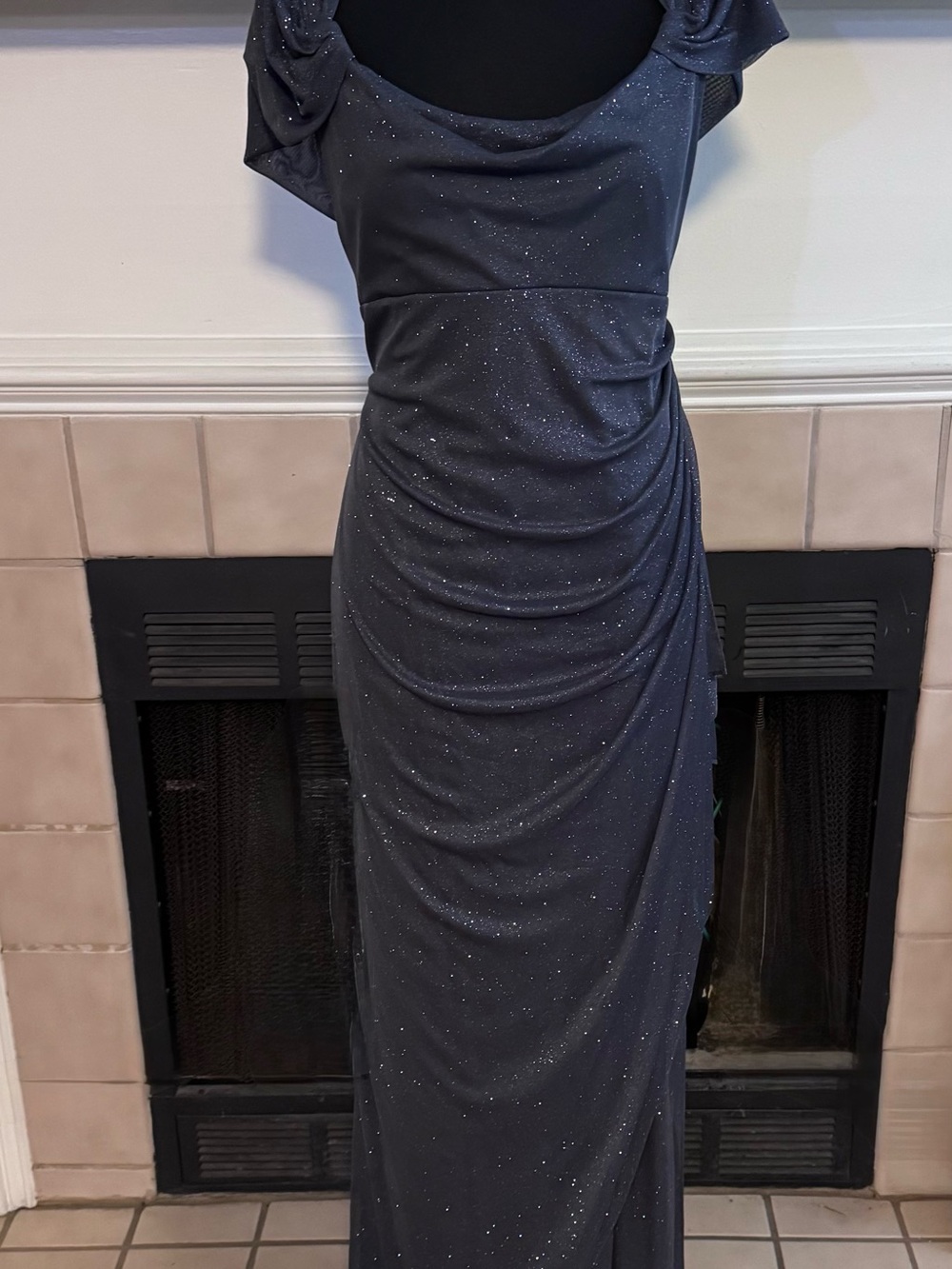 Alex Evenings Gray Soft Shoulder Cocktail Dress with Sparkling Fabric